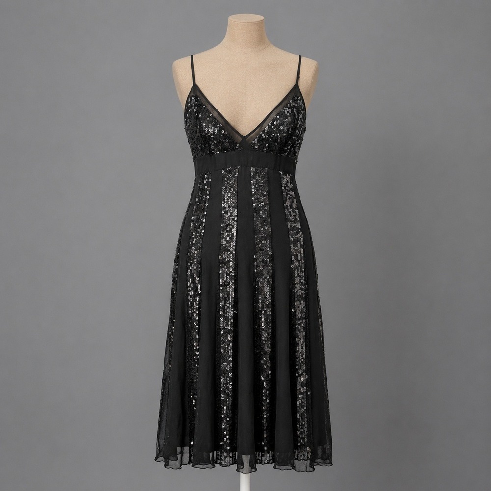 Vintage Y2K 100% Silk Sequin Babydoll Dress Size M Black Whimsigoth Glam Party